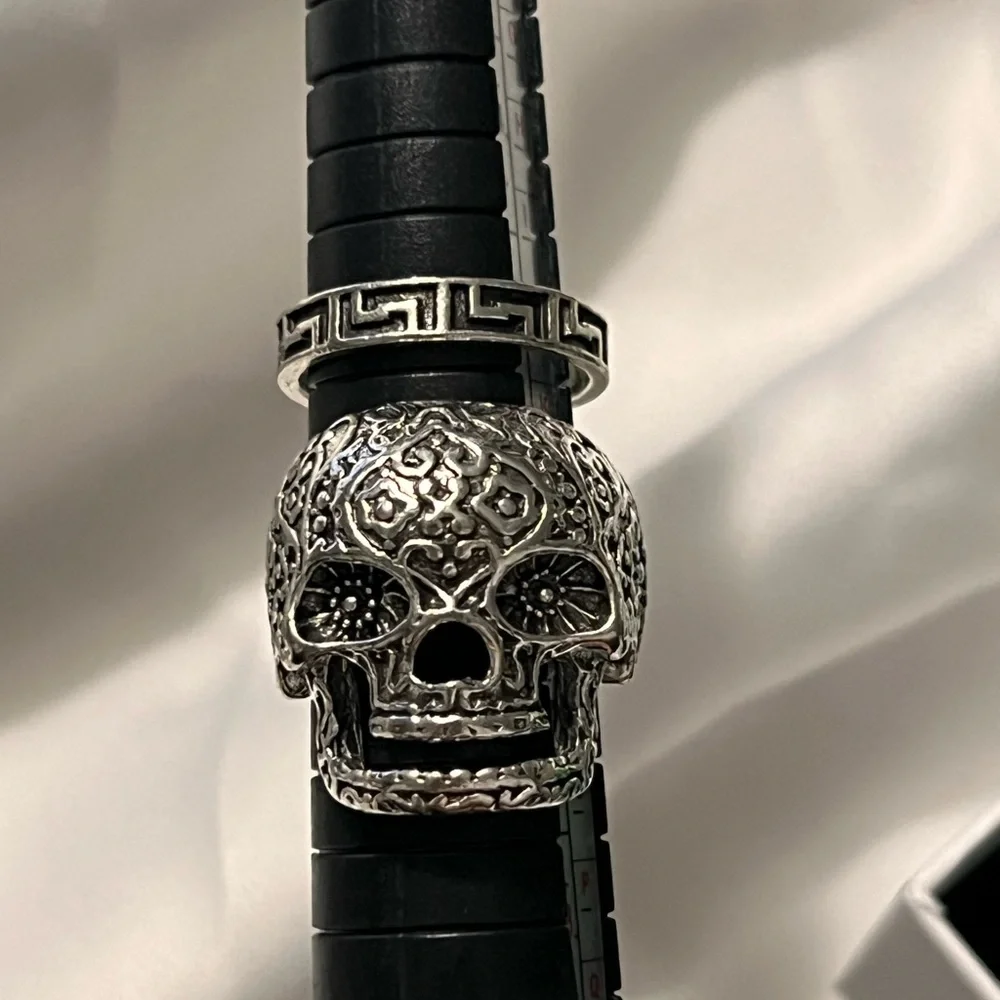 Silver Skull Ring with Geometric Band